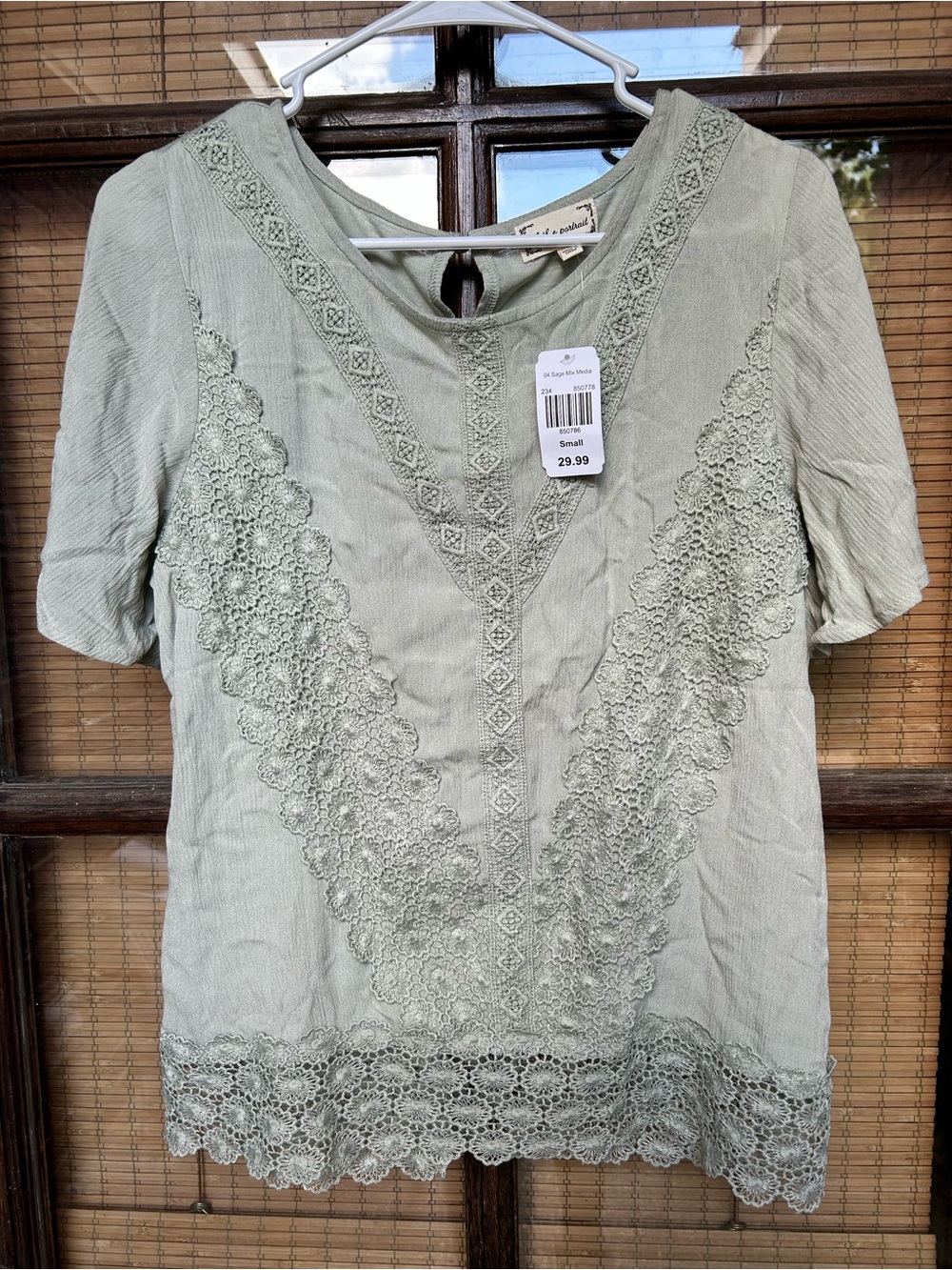 Cloth & portrait  Lace Trim Women's Top - Sage Green
